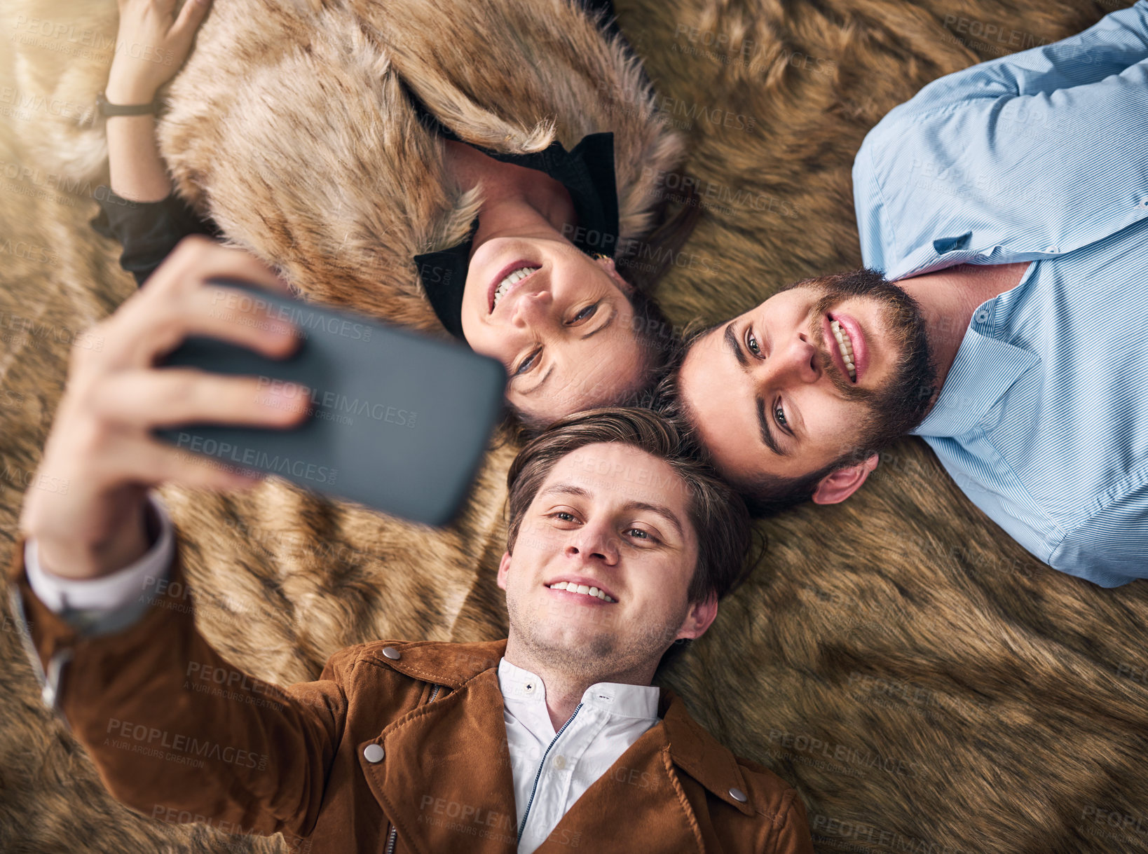 Buy stock photo Gay couple, man and happy on selfie with mother at home for social media post and profile picture. Above, relationship and smile on floor with pride for queer love, bonding and support with care