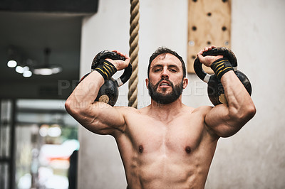 Buy stock photo Weightlifting, kettlebell and man in gym with muscle for workout, bodybuilder training and intense exercise. Fitness, sports and person lift weights for strength, health and challenge for performance