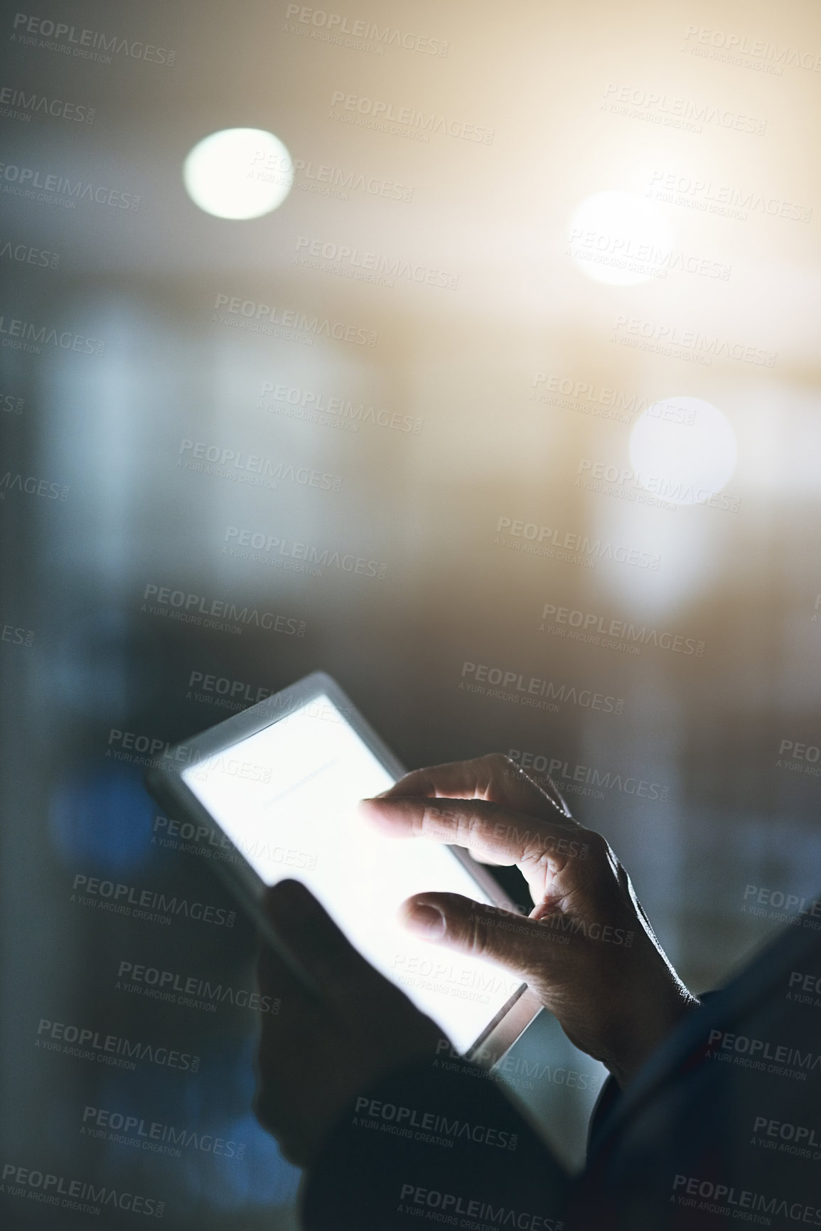 Buy stock photo Hands, tablet and screen with night, mockup space and communication in office as employee. Business person, working late and tech for connection, internet or company as professional on website or app