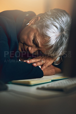 Buy stock photo Tired, night and businesswoman sleeping in office to complete deadline corporate project. Stress, fatigue and mature professional female employee with burnout taking nap working overtime in workplace