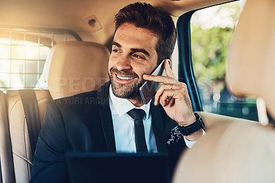 Buy stock photo Professional, man and phone call in car for travel with communication, corporate schedule and information. Business, male lawyer and mobile for discussion, agenda and negotiation of transport traffic