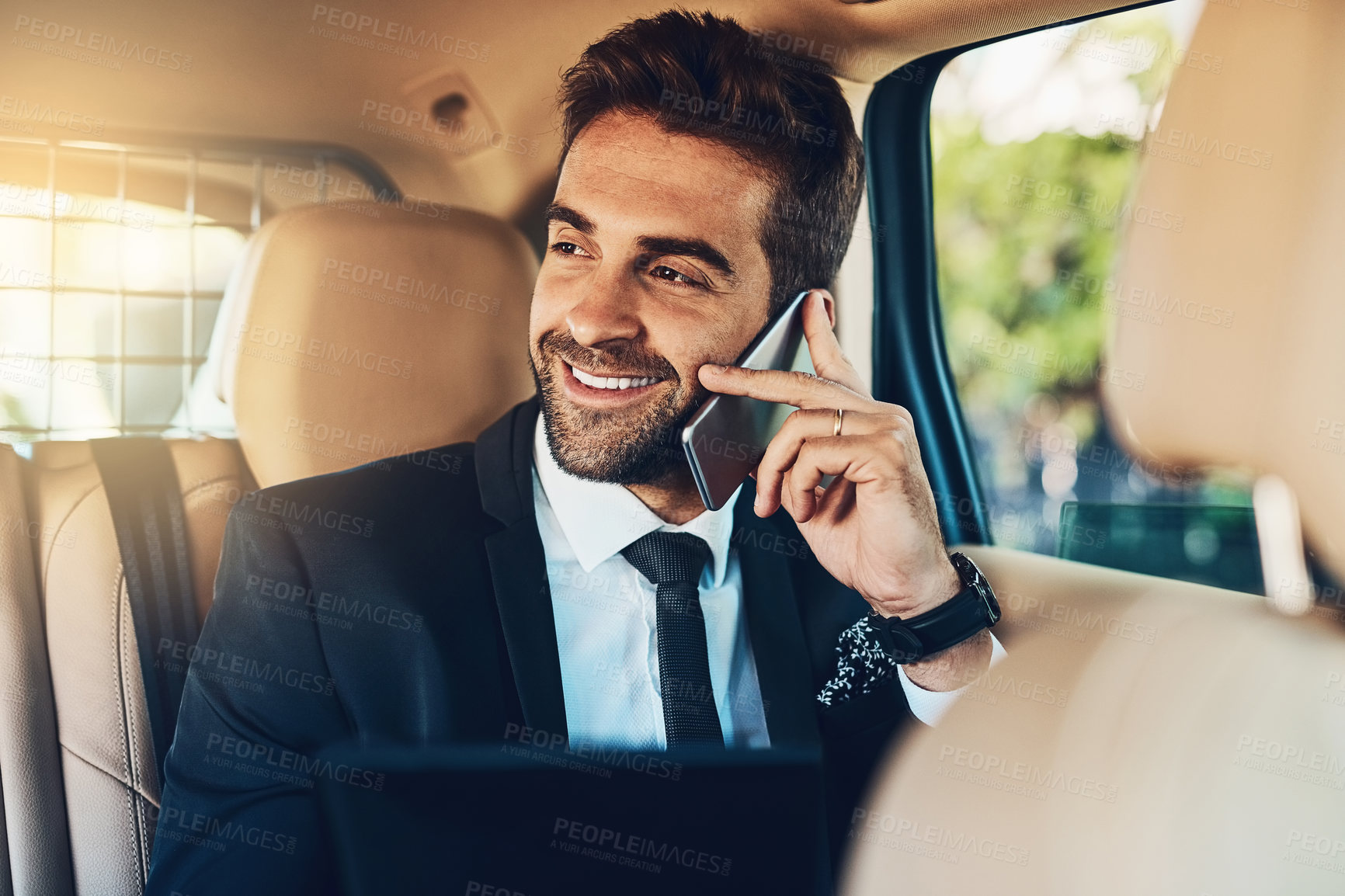 Buy stock photo Professional, man and phone call in car for travel with communication, corporate schedule and information. Business, male lawyer and mobile for discussion, agenda and negotiation of transport traffic