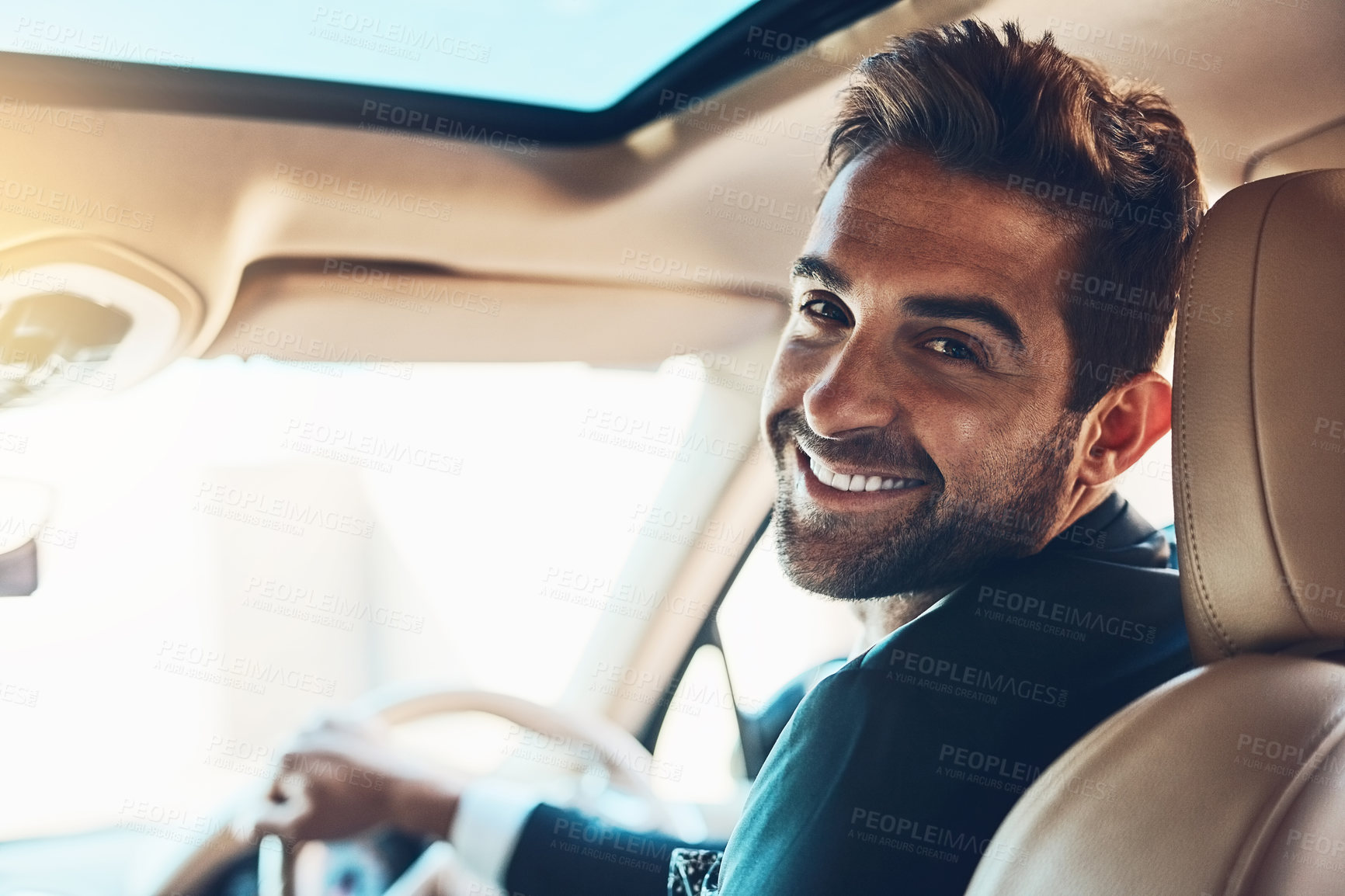 Buy stock photo Happy, portrait and businessman in car for travel, trip and safety on morning commute or drive. Taxi, face and chauffeur driver in vehicle with backseat pov for transport, journey or customer service