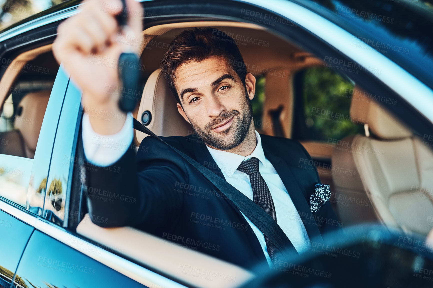 Buy stock photo Cropped shot of a handsome young corporate businessman holding car keys
