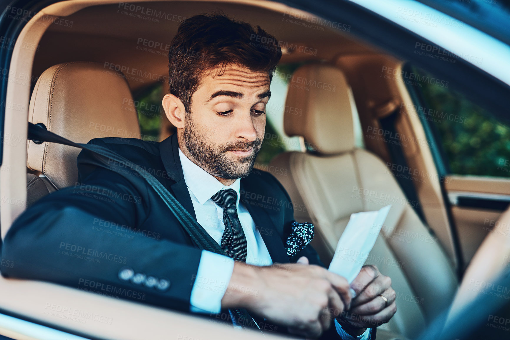 Buy stock photo Car, transport and business man with fine for speeding, traffic law and compliance on commute, journey and trip. Travel, driving and person with parking ticket, slip and paper for vehicle insurance