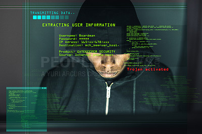 Buy stock photo Man, hacker and computer code at night for firewall, breach and access in cyber crime. Software engineer, technology and data protection with overlay, dark web and analysis for programming or network