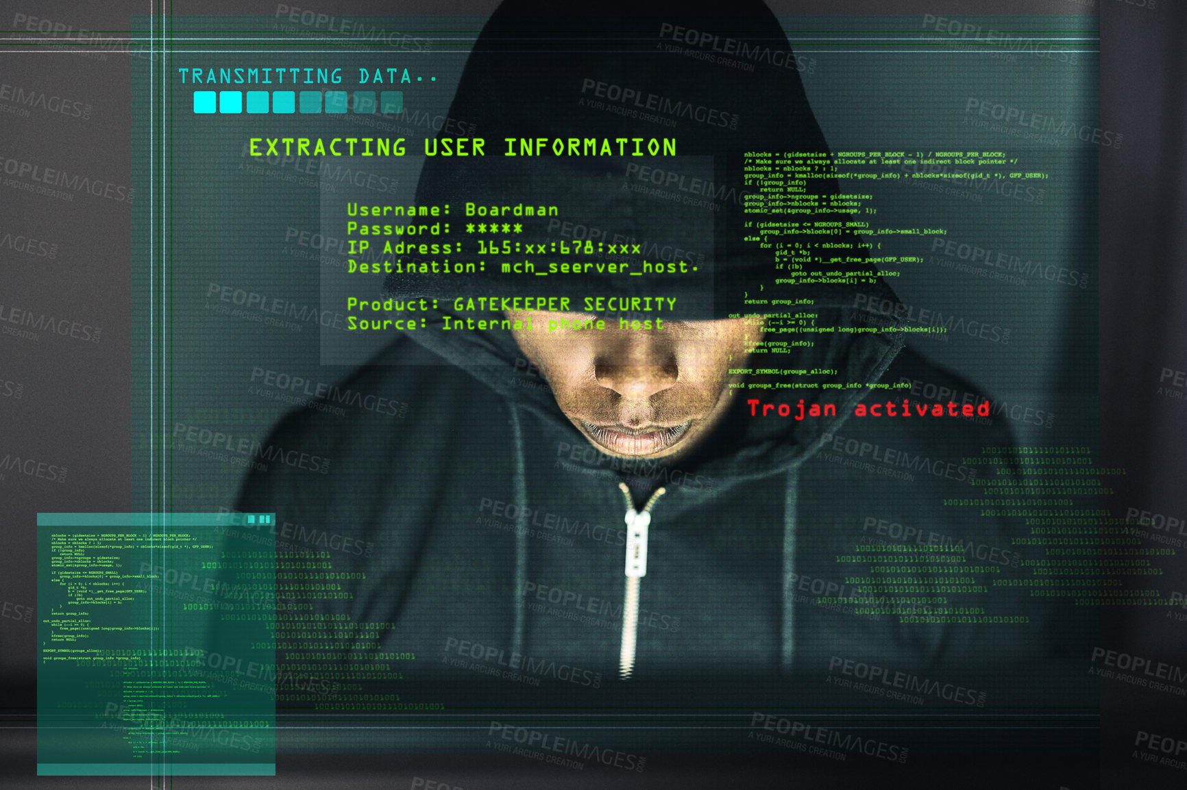 Buy stock photo Man, hacker and computer code at night for firewall, breach and access in cyber crime. Software engineer, technology and data protection with overlay, dark web and analysis for programming or network