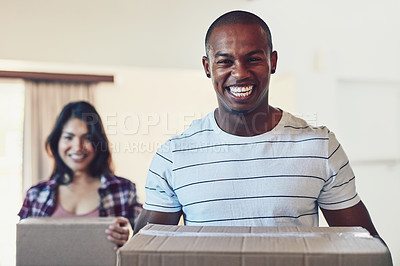 Buy stock photo Moving, box or portrait of happy couple in dream home for property, sale or invest success. Real estate, mortgage or face of excited people in new house smile for loan, ownership or housing milestone