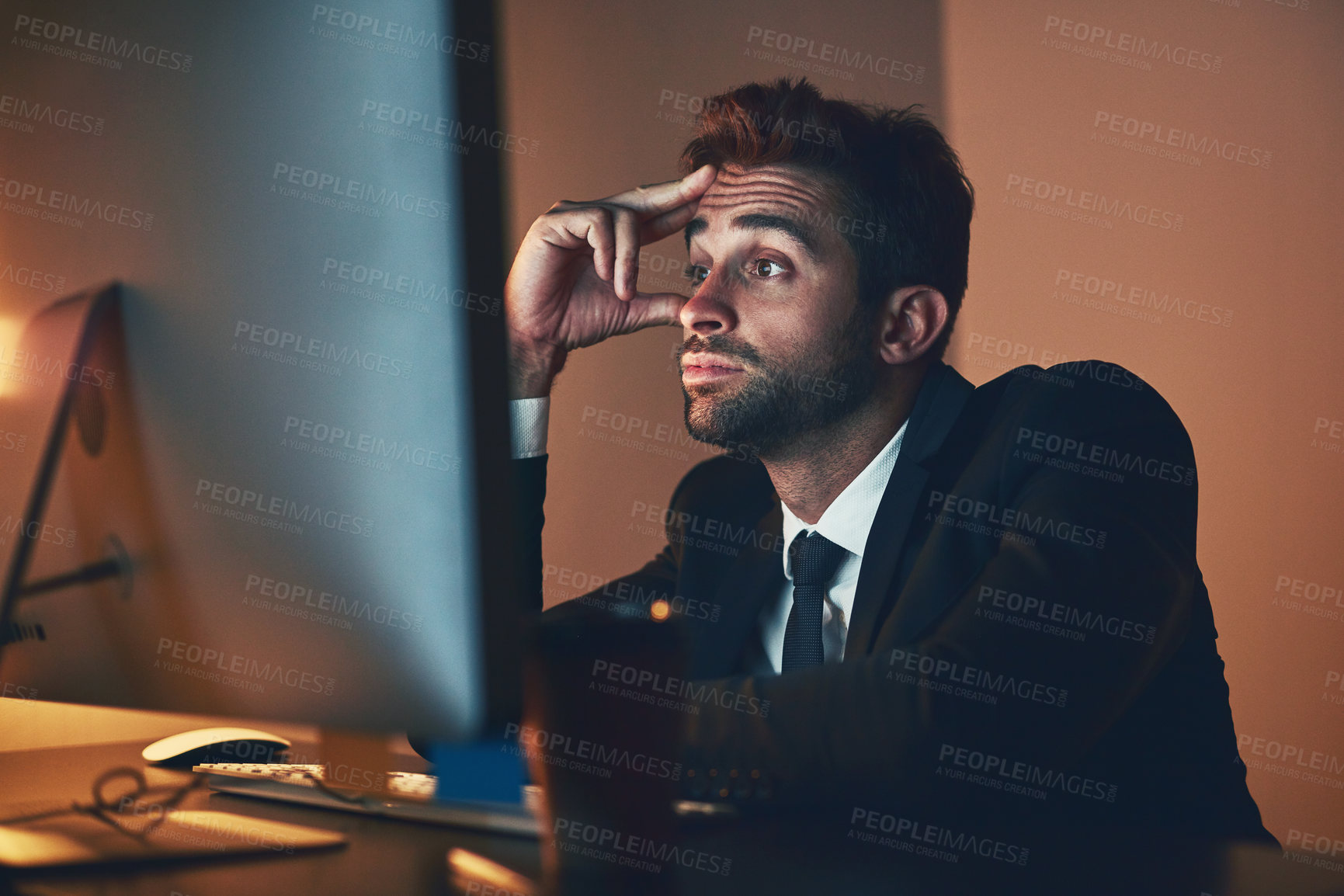 Buy stock photo Man, night and tired at computer for proposal in office, burnout and stress for project planning. Male person, fatigue and mental health for deadline, stock market crash and 404 pc glitch on website