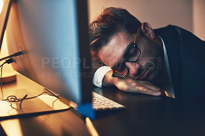 Buy stock photo Businessman, stress and sleeping in office at night, mental health and bankrupt or overwhelmed. Male person, professional and burnout in workplace, deadline and depression or mistake and dream fail