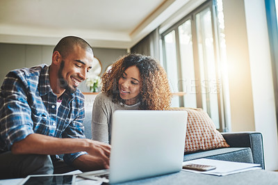 Buy stock photo Finance, budget and ebanking couple working on laptop looking happy and hopeful about savings, investment and insurance. Boyfriend and girlfriend planning financial future lifestyle together at home