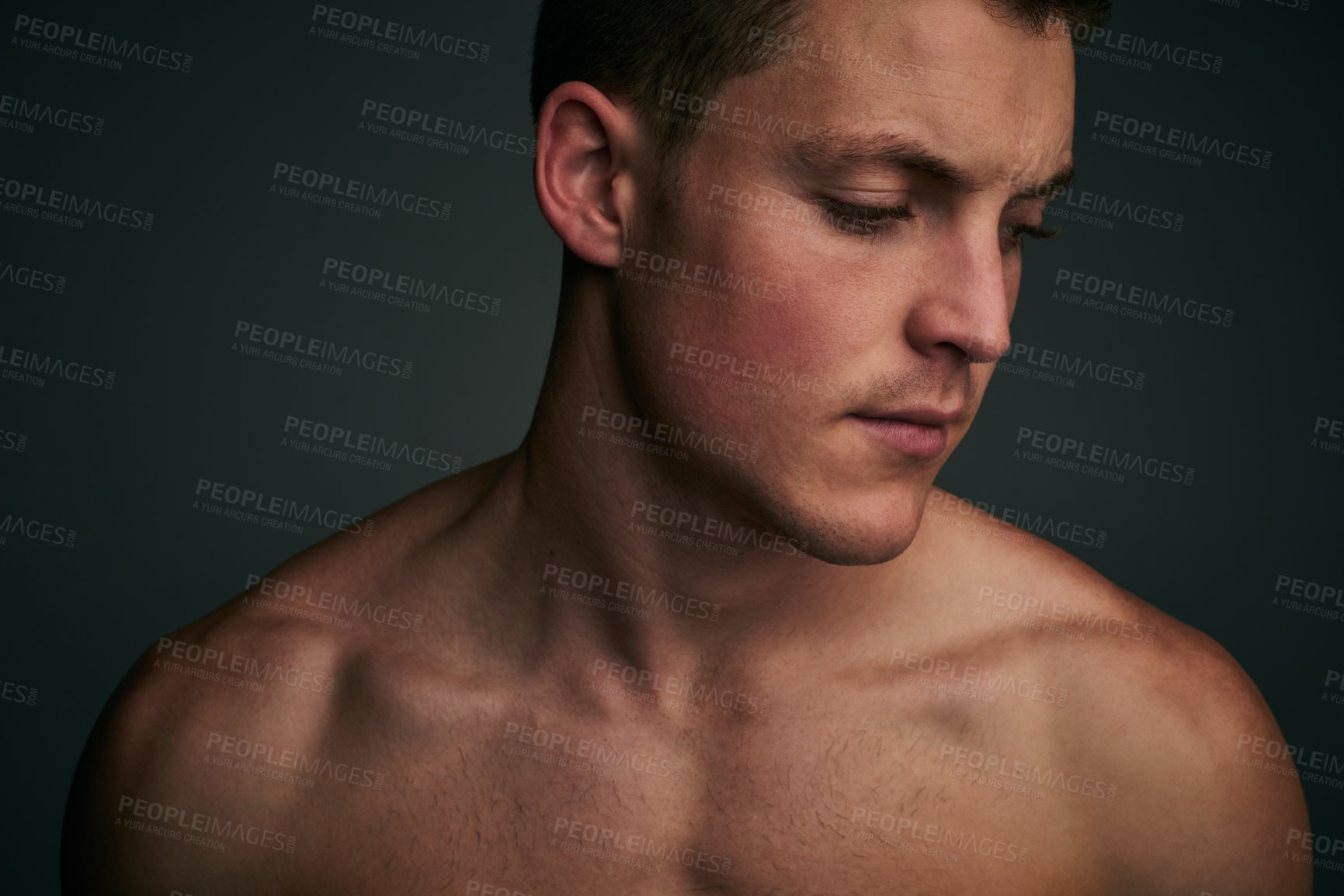 Buy stock photo Skincare, thinking and face of man in studio for wellness, facial treatment and grooming. Dermatology, salon and isolated person with health, confidence and pride for natural skin on gray background