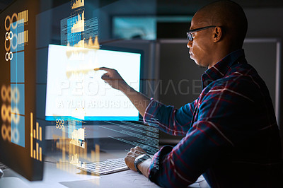 Buy stock photo Cropped shot of a young male programmer working on computer code in his office