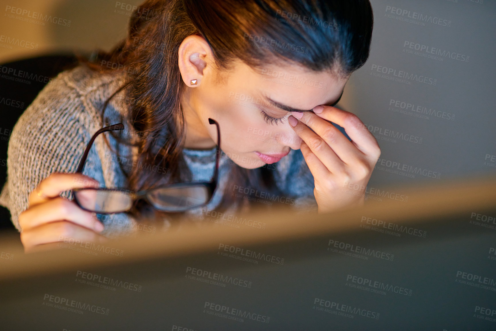 Buy stock photo Woman, night and stress on computer in office for deadline with burnout and exhausted on internet error. Female person, employee and tired or headache with online research and website with glasses