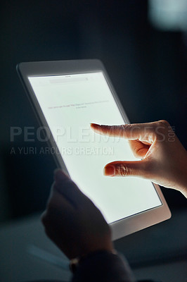 Buy stock photo Cropped shot of an unrecognizable businesswoman using a tablet in the office
