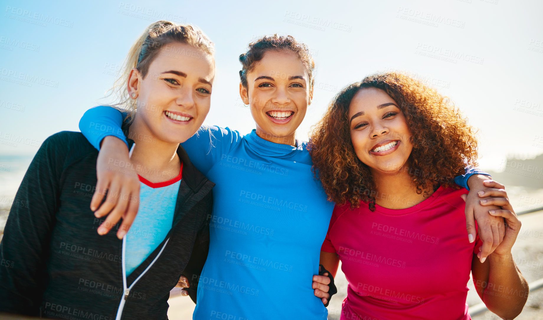 Buy stock photo Portrait of a group of young cheerful friends hanging out together before a fitness exercise outside during the day