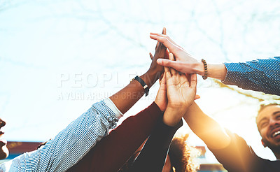 Buy stock photo Students success, hands or high five on outdoor campus for achievement or college scholarship in university. School, teamwork or people with learning goal or help for passing exam or test results