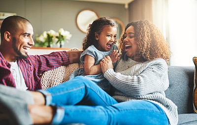 Buy stock photo Happy family, laughing and playing with child on sofa for holiday, weekend or fun day at home. Dad, mom or little girl with smile for playful childhood, break together or bonding on couch at house