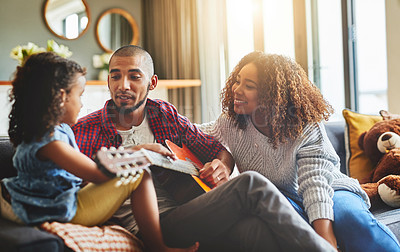 Buy stock photo Guitar, music and teaching with family in home living room together for bonding. Instrument, love or smile with mother, father and daughter in apartment for child development, learning or lesson