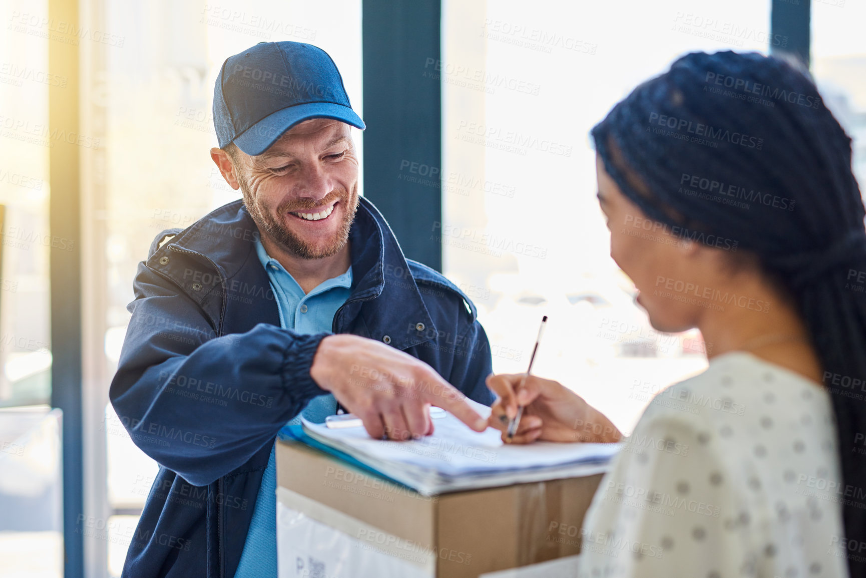 Buy stock photo Delivery man, signature and customer with clipboard for stock and shipping supplier inventory with service. Courier, parcel and lobby with checklist, package box and worker with order paperwork