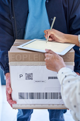 Buy stock photo Cropped shot of an unrecognizable delivery man getting a signature from a female customer for her order