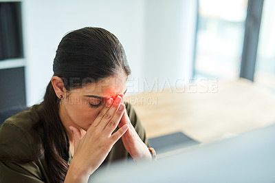 Buy stock photo Woman, employee and head pain in office, injury and computer glitch for photophobia migraine. Female person, headache and professional in workplace for 404 error, red glow and inflammation strain