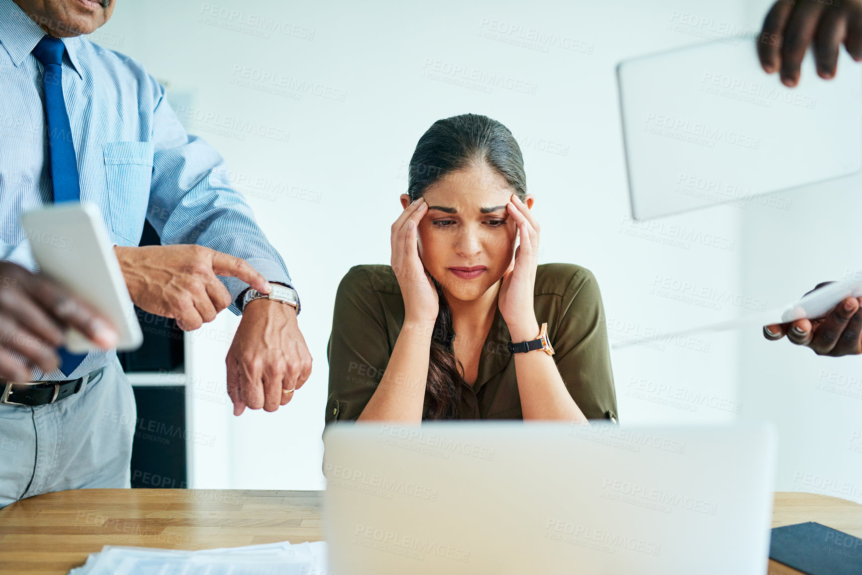 Buy stock photo Business woman, overwhelmed and laptop in office with headache, anxiety and stress for deadline. Graphic designer, burnout and tech in workplace with frustrated, tired and chaos for time management