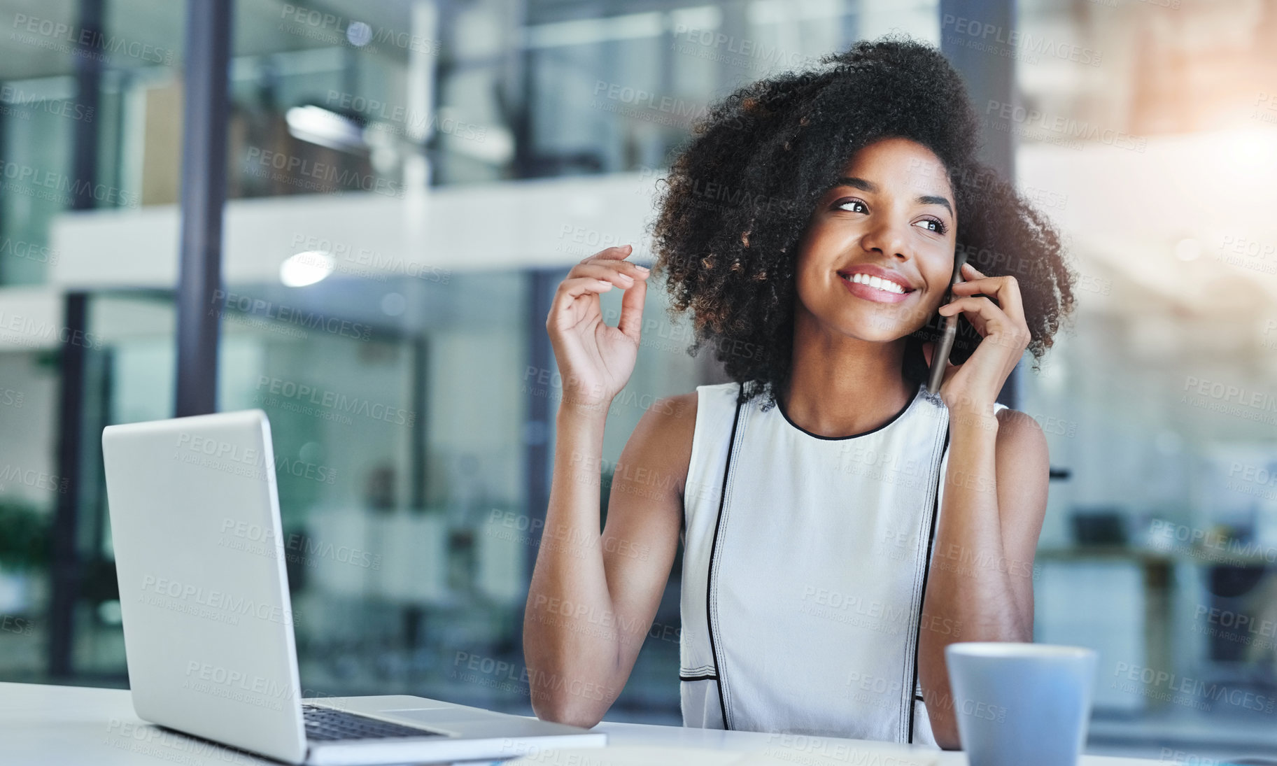 Buy stock photo Creative business, phone call and happy black woman in office for offer, sponsorship deal or ads. Mobile, communication or worker speaking to contact or social media marketer for promotion in startup