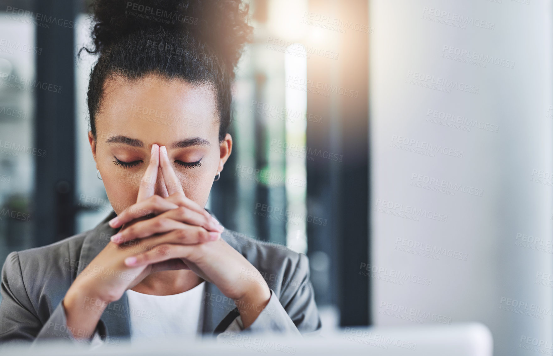 Buy stock photo Business, stress or woman with anxiety in office for headache, nervous or overthinking, mistake or laptop feedback. Vertigo, fear or entrepreneur at startup overwhelmed by review, disaster or fail