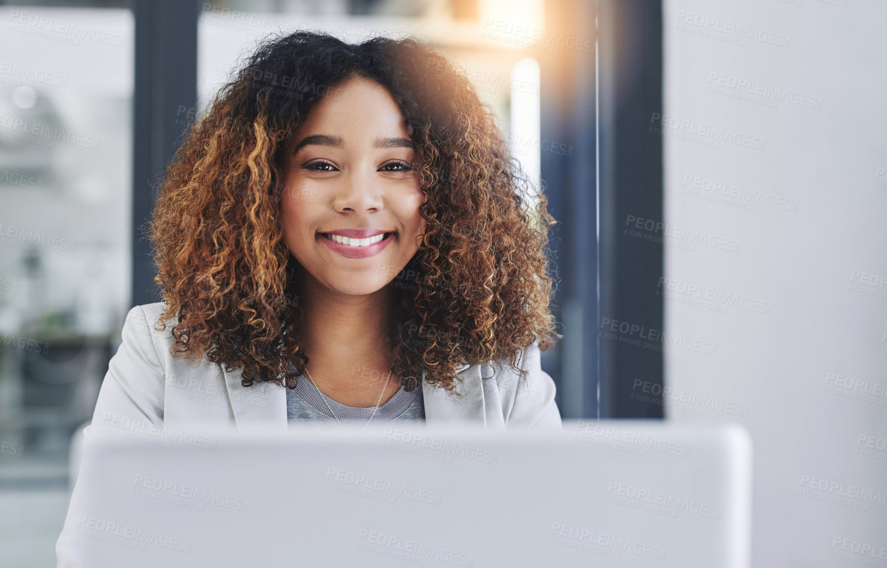 Buy stock photo Business woman, laptop and smile in portrait with office, smile and positive in company as accountant. Female person, technology and happy with pride for career, corporate or financial firm or bank
