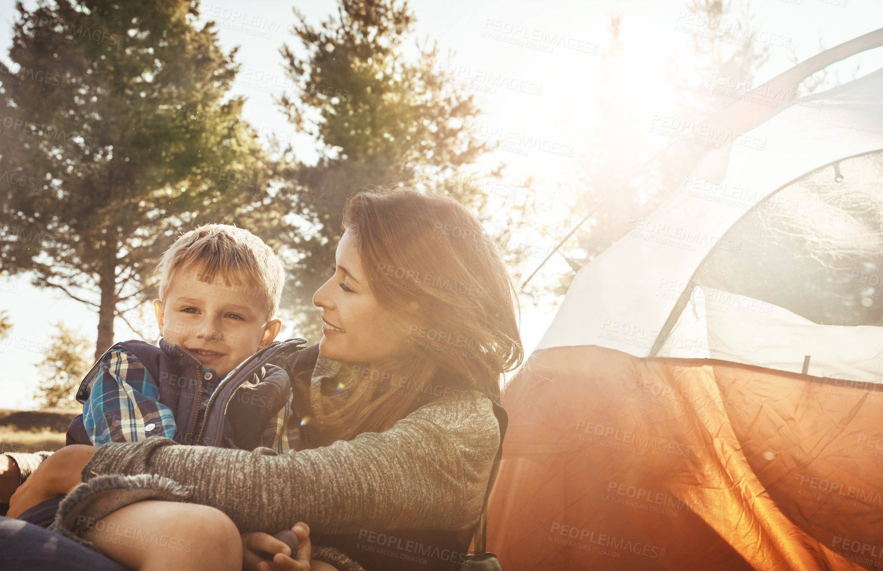 Buy stock photo Portrait, child and woman in countryside for hug, camping and adventure or holiday for summertime. Earth, sunshine and family in nature for travel, vacation and happiness together in forest or woods 