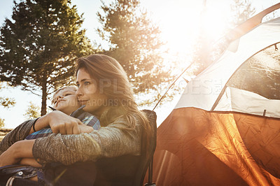 Buy stock photo Hug, mother and child in woods with tent for camping, relax and adventure or holiday in summer. Forest, earth and people in nature for love, morning and happy for vacation or travel in countryside 