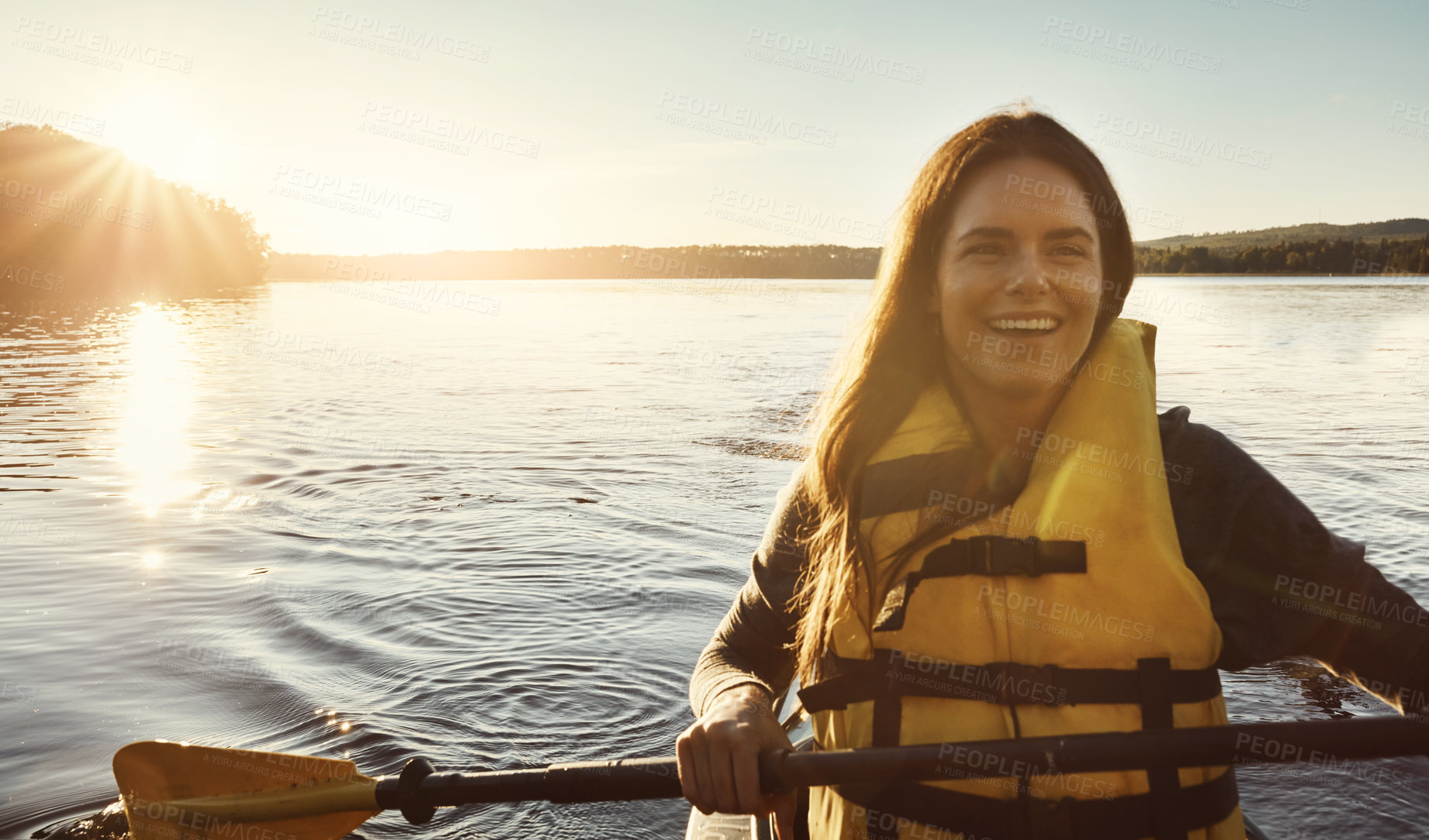 Buy stock photo Girl, thinking and nature with lake or kayak or water sports, rowing and river journey on summer vacation. Woman, canoeing and happy on holiday in outdoor with sunshine, adventure and paddle for tour