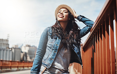 Buy stock photo Shot of a beautiful young woman out exploring the city