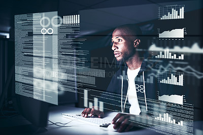 Buy stock photo Cropped shot of a young male hacker cracking a computer code in the dark