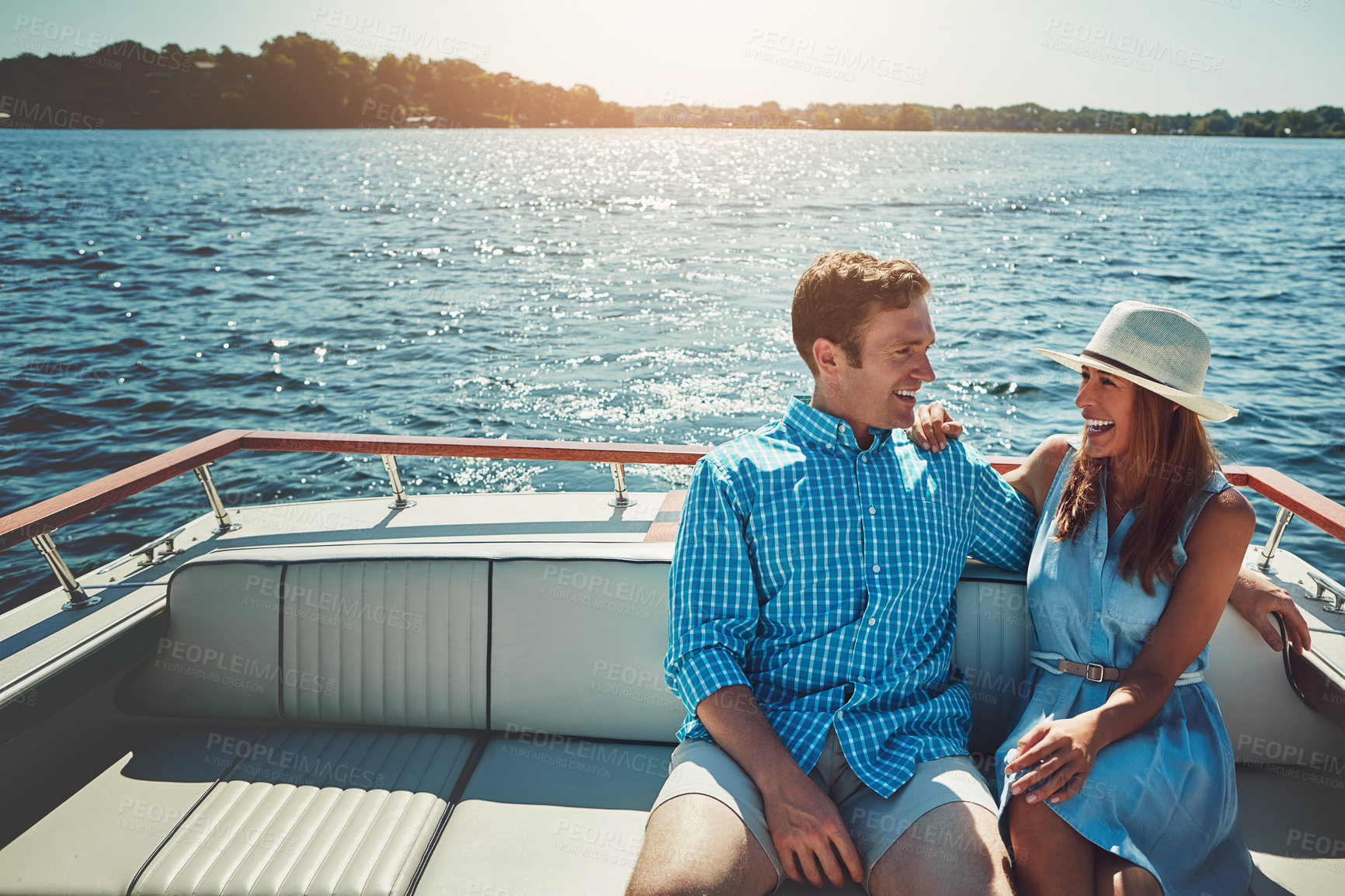 Buy stock photo Couple, ocean and smile on boat for holiday with fun, love and bonding in Bali. People, relationship and happy on cruise or yacht for vacation or honeymoon as tourist for travel, relax and romance