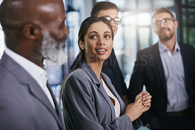 Buy stock photo Business people, diversity and meeting in teamwork collaboration, global growth or conference success. Smile, happy woman and corporate men in office training, strategy planning or education workshop