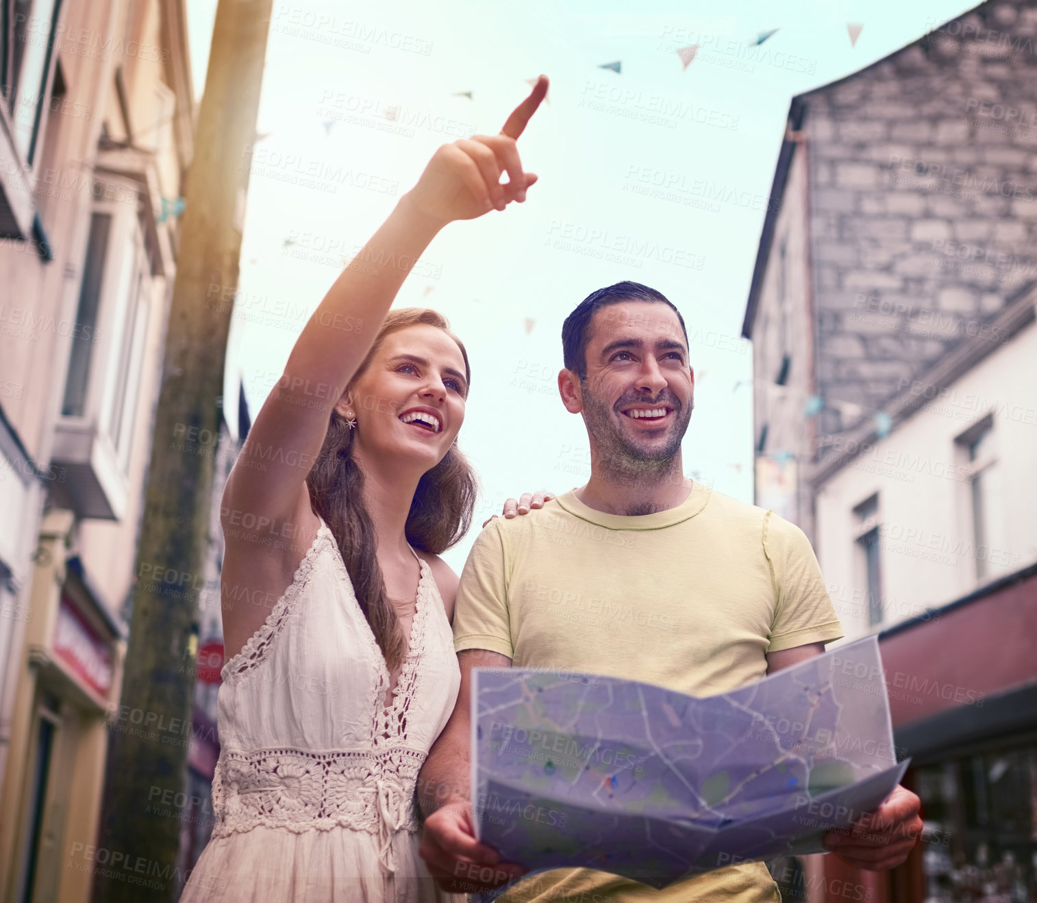 Buy stock photo Vacation, man and woman with map point, smile and location search on holiday adventure or honeymoon. Travel, guide and happy couple with direction in city for Europe, street and sightseeing together