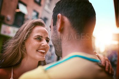 Buy stock photo Travel, man and woman with romance, smile and urban journey on holiday, adventure or honeymoon. Vacation, love and happy couple with embrace in city for Europe, street and sightseeing together