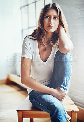 Buy stock photo Portrait, woman and relax with smile at house for comfort, carefree and gratitude of peace wellness. Serious, female person and calm morning, satisfaction and weekend freedom in living room at home
