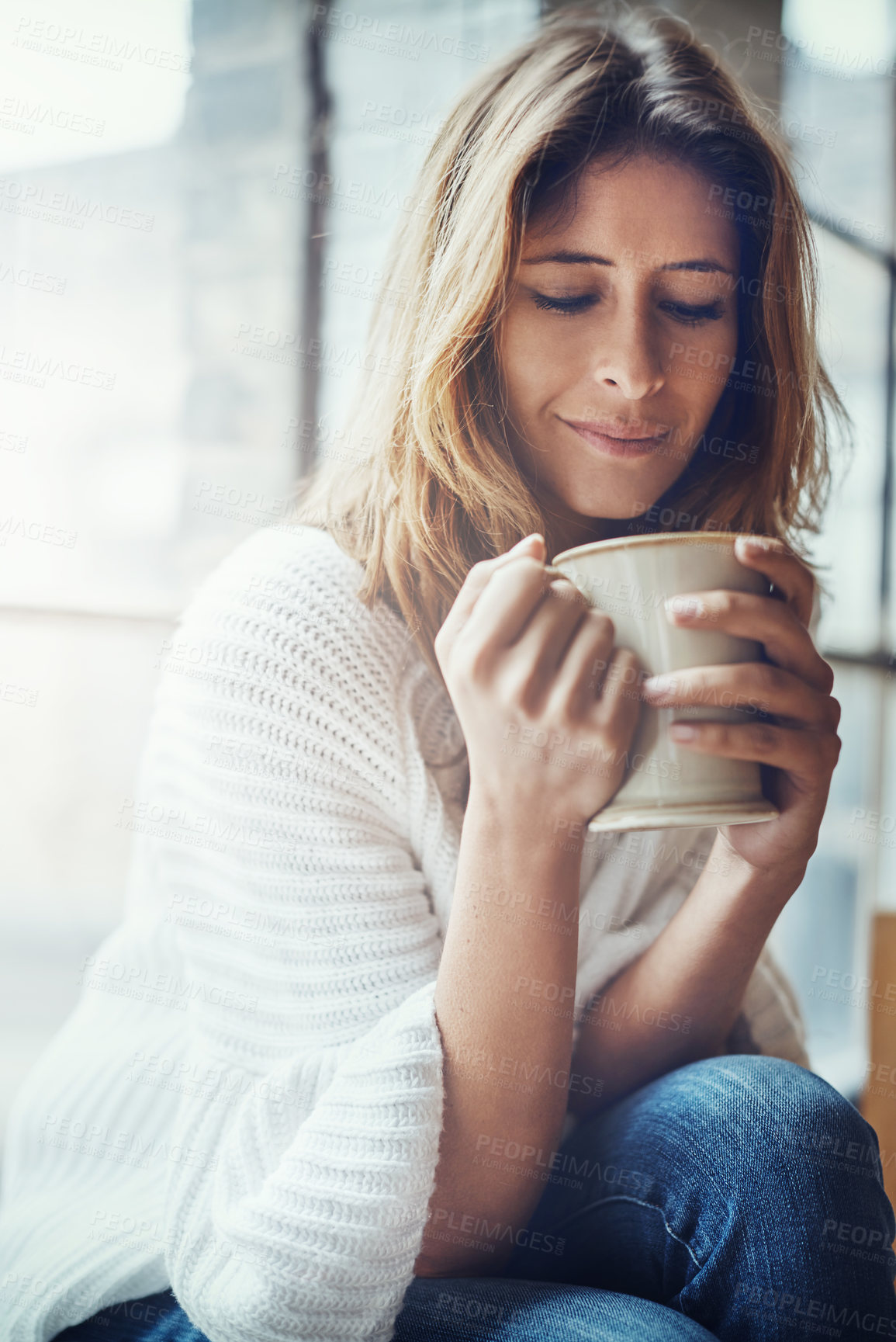 Buy stock photo Thinking, woman and coffee cup in lounge, house or apartment for relax, calm and peace on weekend. Female person, hot drink and beverage in home for wellness, self care and ideas in morning routine