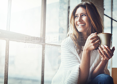 Buy stock photo Relax, coffee and woman thinking by window in home with delicious cup of caffeine, espresso or cappuccino. Peace, idea or happy calm female with tea mug while contemplating, focus or lost in thoughts