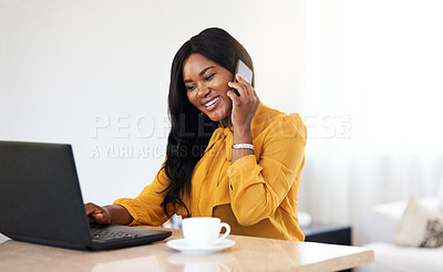 Buy stock photo Home, coffee and laptop of black woman in phone call for discussion, communication and technology to connect. Freelancer, businesswoman and smartphone for talking with clients, computer or beverage 