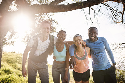 Buy stock photo Portrait of a group of friends out exercising together