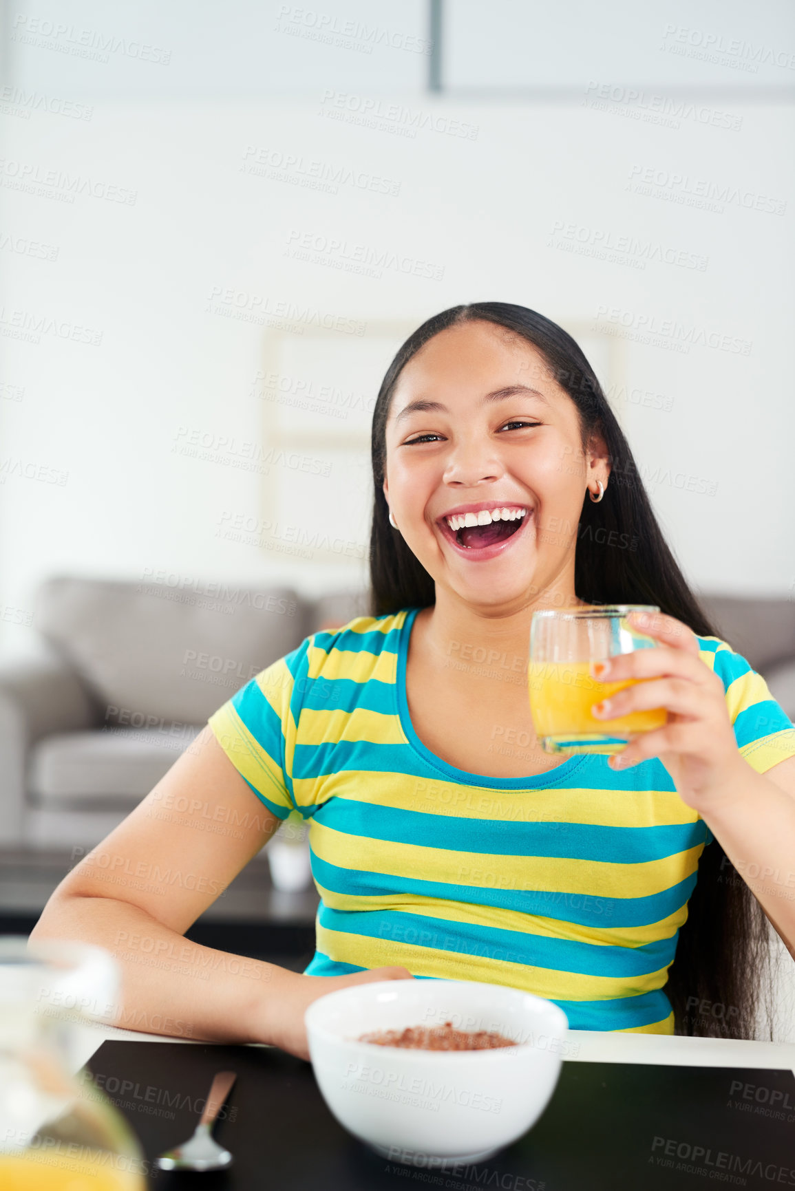Buy stock photo Portrait, happy girl and teen in home with cereal, juice and excited for healthy diet in morning. Nutrition, growth and development, hungry child at table with breakfast and drink for start to day.