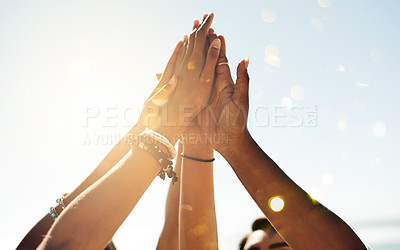 Buy stock photo Hands, high five and closeup group of people outdoor for solidarity, trust and goal collaboration. People, commitment and friends with hand in support of success, celebration and partnership or unity