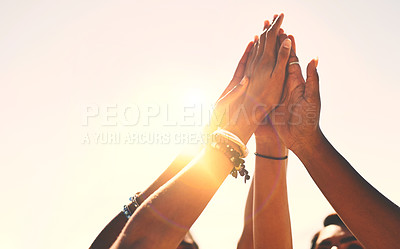 Buy stock photo Hands, high five and and group of people outdoors for solidarity, trust and goal collaboration. People, commitment and friends with hand in support of success, celebration and partnership or unity