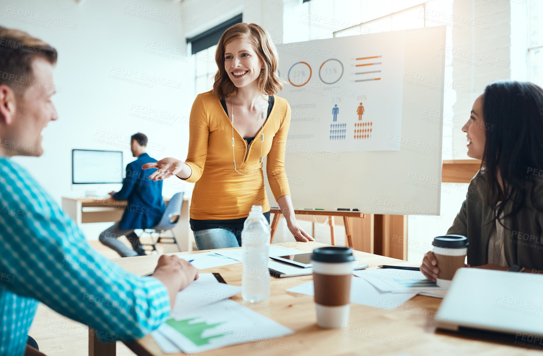 Buy stock photo Happy, woman and presentation with staff in office for marketing, data analysis and sales report. Smile, people and team with graph document, campaign performance and review statistics of company kpi