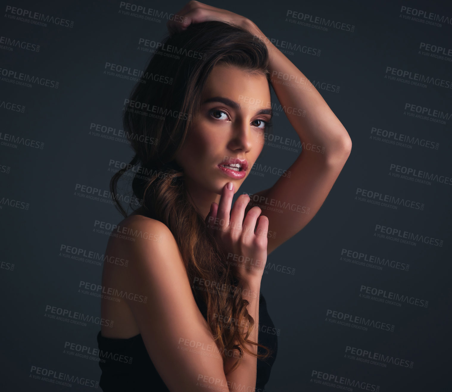 Buy stock photo Skincare, portrait and woman in studio with beauty, natural and facial routine for healthy glow. Confident, cosmetic and female person from Italy with dermatology face treatment by black background.