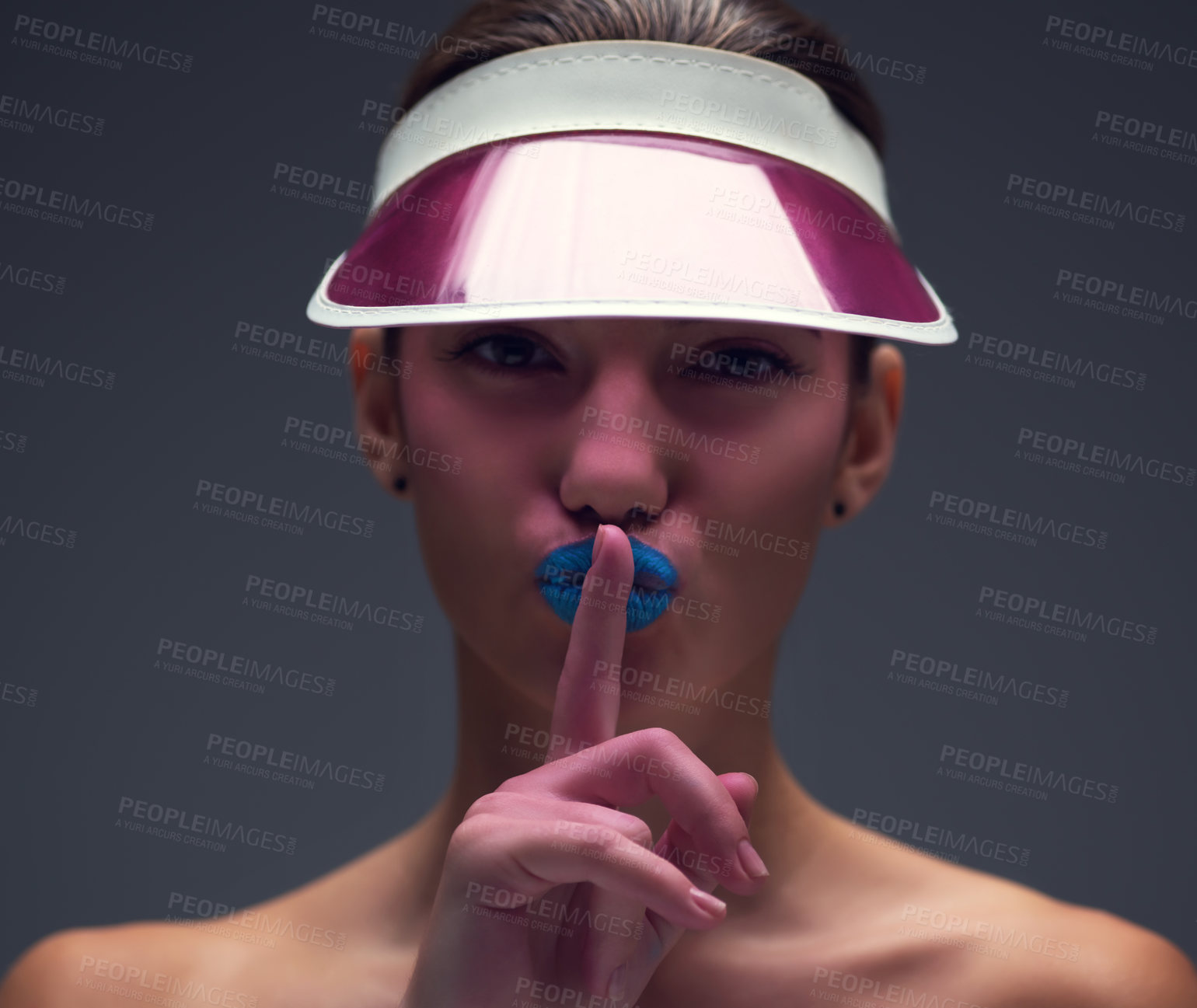 Buy stock photo Silence, studio and portrait of woman with visor, neon makeup and confidential skincare cosmetics. Art, color and face of girl in retro cap with secret, skin glow or unique beauty on grey background